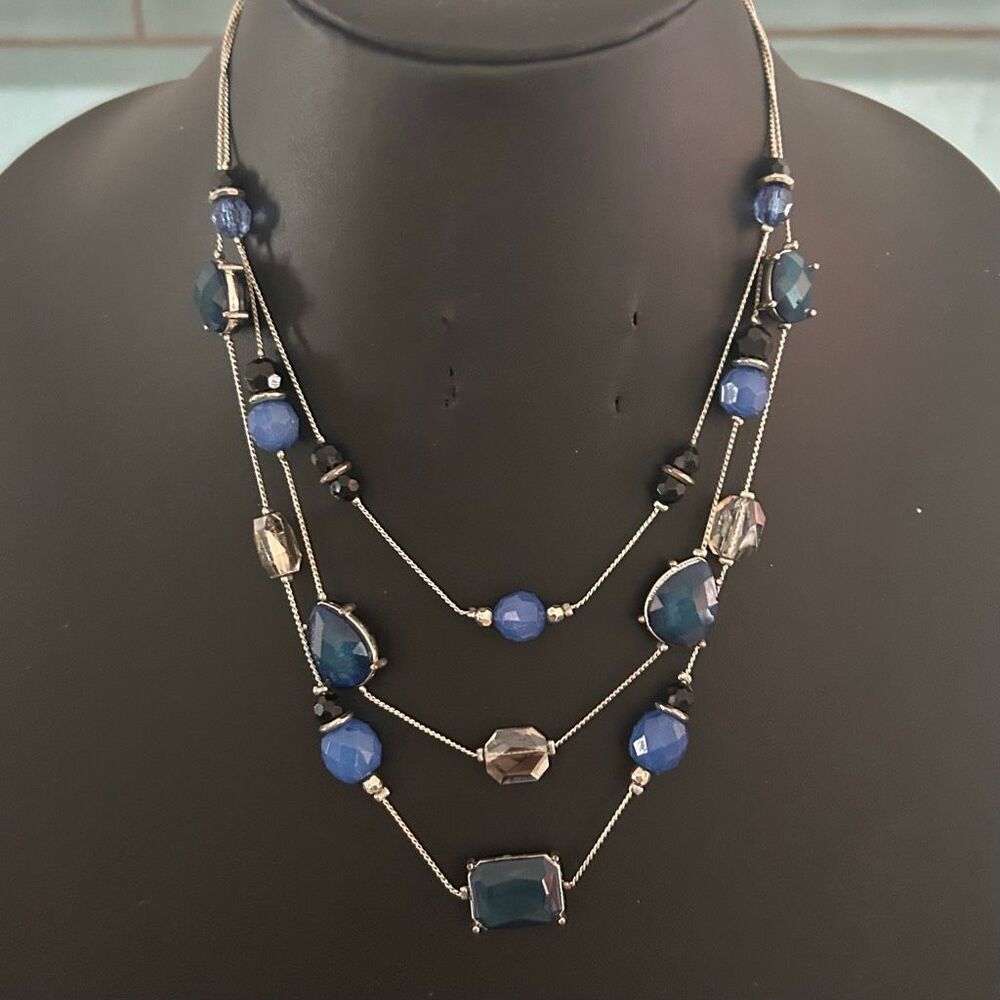 NY New York & Company Beaded Layered Statement Necklace 16"- 20" Blue Beads
